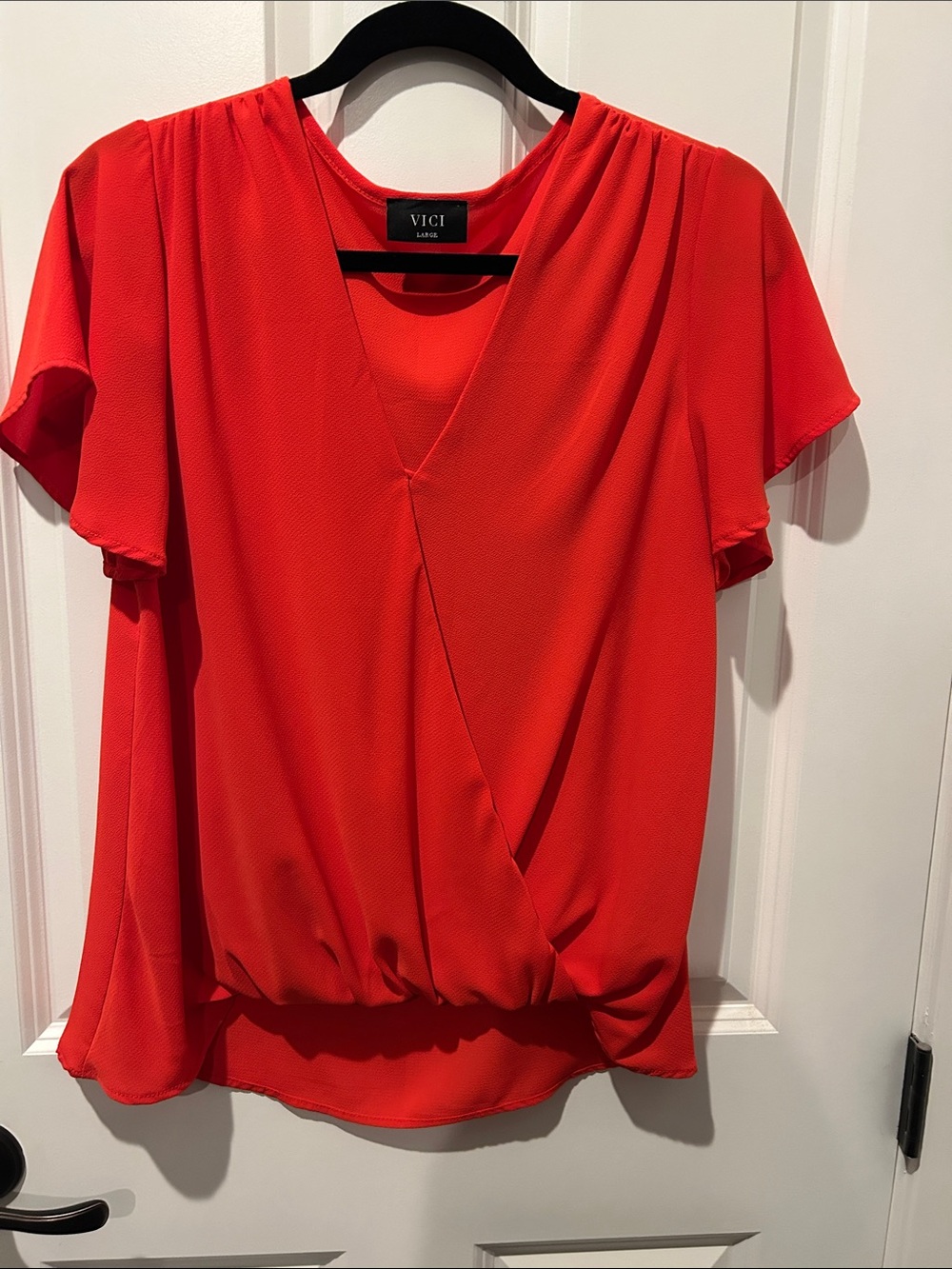 VICI Red Surplice Short Sleeve Blouse with Gathered Hem